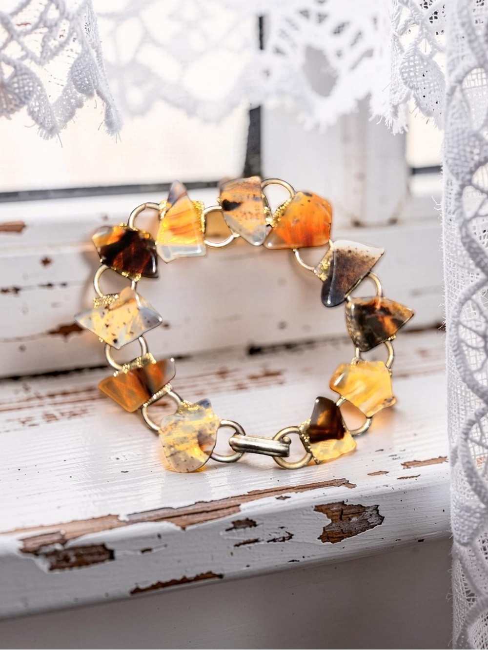 Agate Slice Gemstone Bracelet Boho Bohemian Rock Brown Black White Vintage '70s